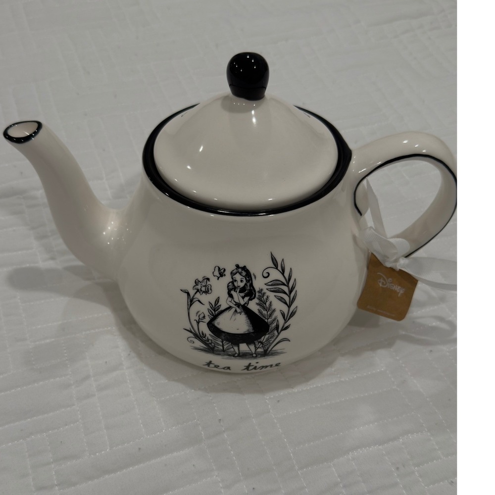 Rae Dunn Disney Alice in Wonderland Tea Time Ceramic Teapot Cream Black New